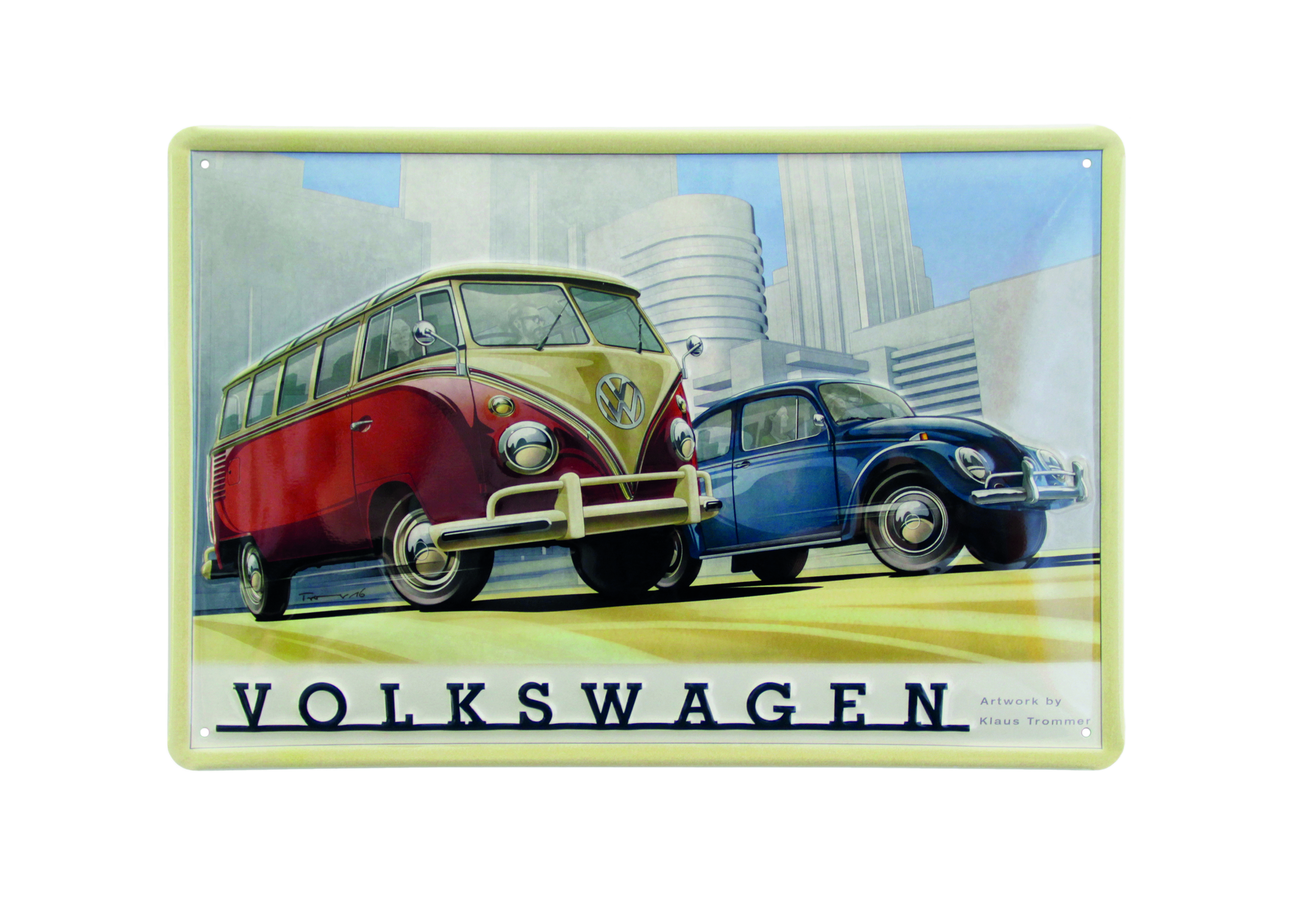 VW Bulli T1 & Käfer Blechschild vor Industriekulisse